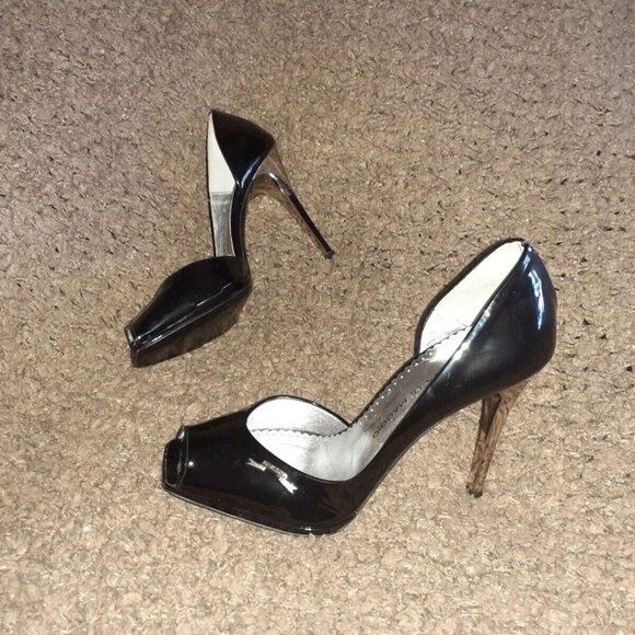 GERARDINA DI MAGGIO-Black Patent D'Orsay Peep Toe-Silver Stiletto-NM-SZ 35 - Picture 1 of 8